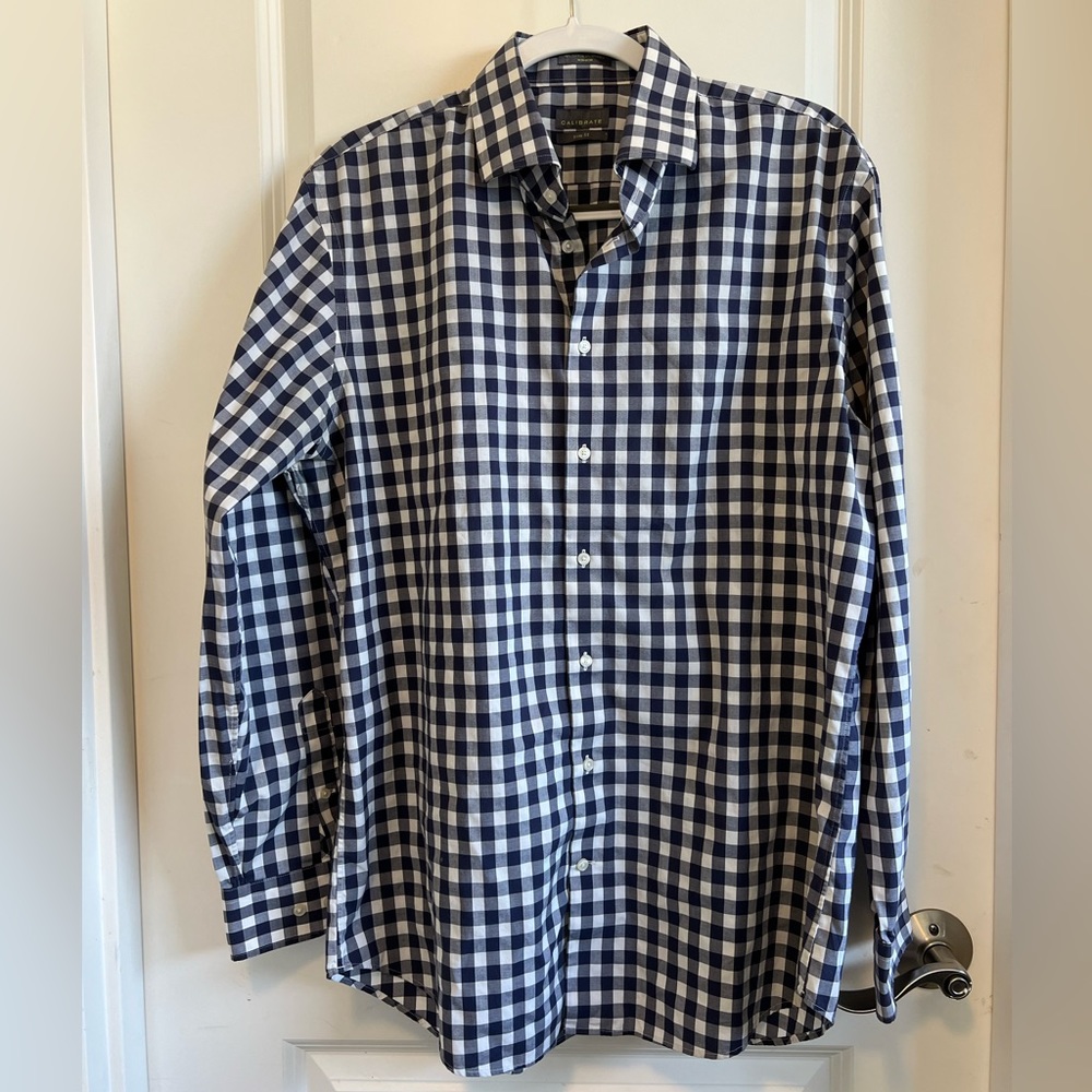 Men’s Navy Gingham Button Down - Trim Fit - Calibrate Brand
